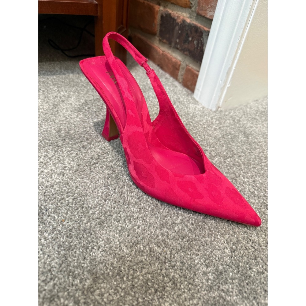 Zara Pink Leopard Print Slingback Pumps Pointed Toe Flared Heel Size 40